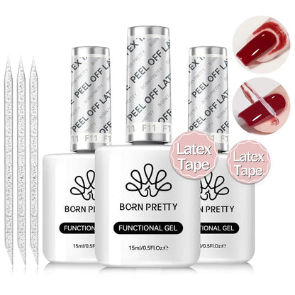Blushimmer Born Pretty 15ml peel-off nail latex tape gel polish with quick dry, anti-freezing, no curing, finger protector tool.