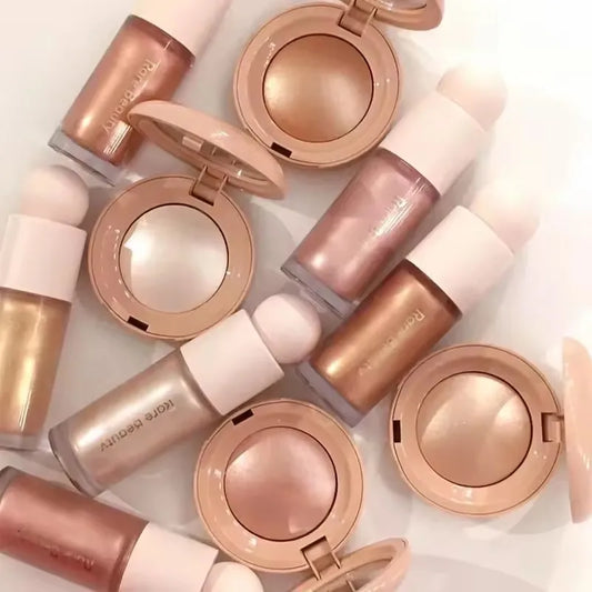 Blushimmer Rare Beauty Light Silky Touch Highlighter and Soft Pinch Liquid Blush with luminous liquid luminizer and melting blush effect.