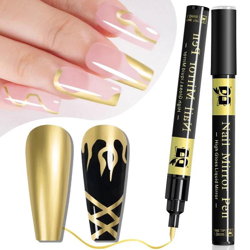 Blushimmer metallic nail gel polish in gold and silver with chrome mirror finish, perfect for UV LED semi-permanent French manicure.