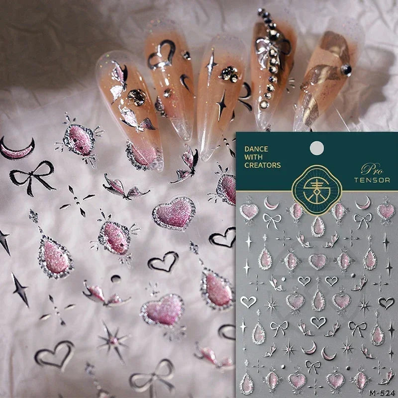 Colorful Cat's Eye 5D gradient nail art stickers featuring European love heart gems and geometric crystal designs by Blushimmer.