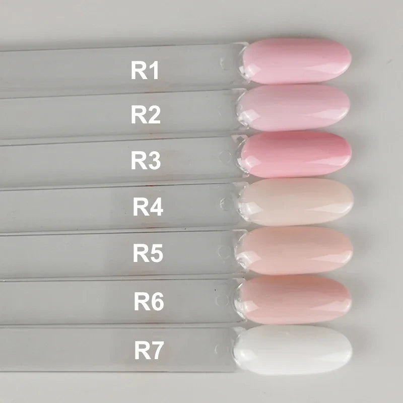 Milky white rubber base gel polish by Blushimmer, showing a smooth, semi-permanent nude pink gel for nails on a neutral background.