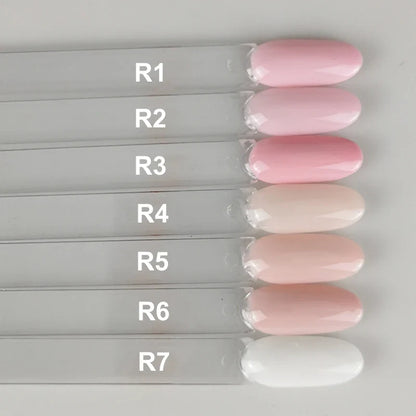 Milky white rubber base gel polish by Blushimmer, showing a smooth, semi-permanent nude pink gel for nails on a neutral background.