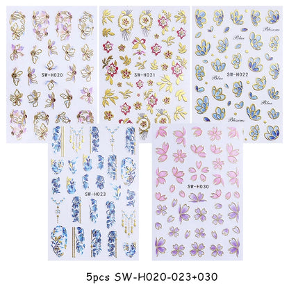 5pcs Metallic Gold Line Flower Nail Stickers 3D Bronzing Border Petals Sakura Leaf Nail Decals Slider DIY Elegant Manicure Decor