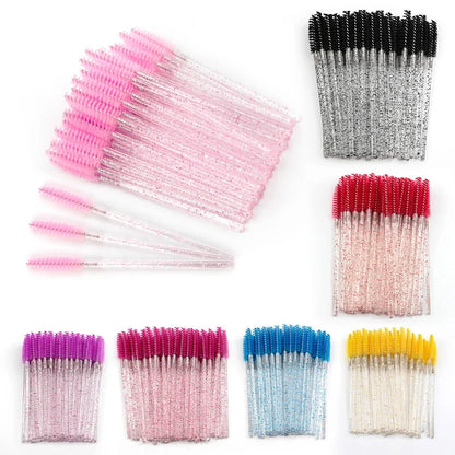 Set of 50 eyelash brushes and spoolers from Blushimmer, including eyebrow and mascara wands for false eyelashes and lash extensions.