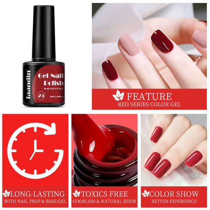 Blushimmer Faandin 7ml solid red gel nail polish bottle with quick-drying, high saturation color, alcohol-free, and fade-resistant.