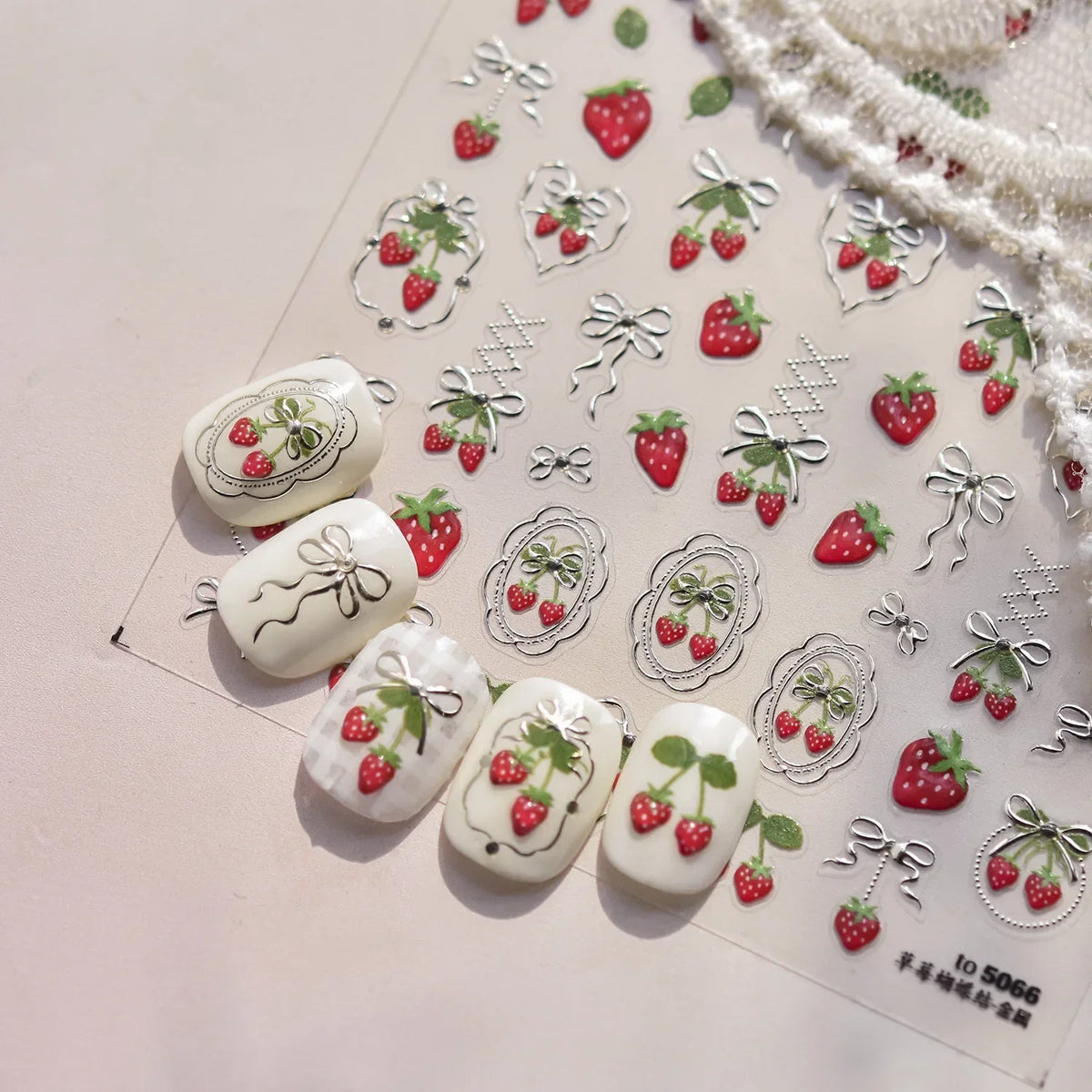 Cute red cherry bowknot 5D nail art stickers with shiny crystals, self-adhesive manicure decals by Blushimmer.