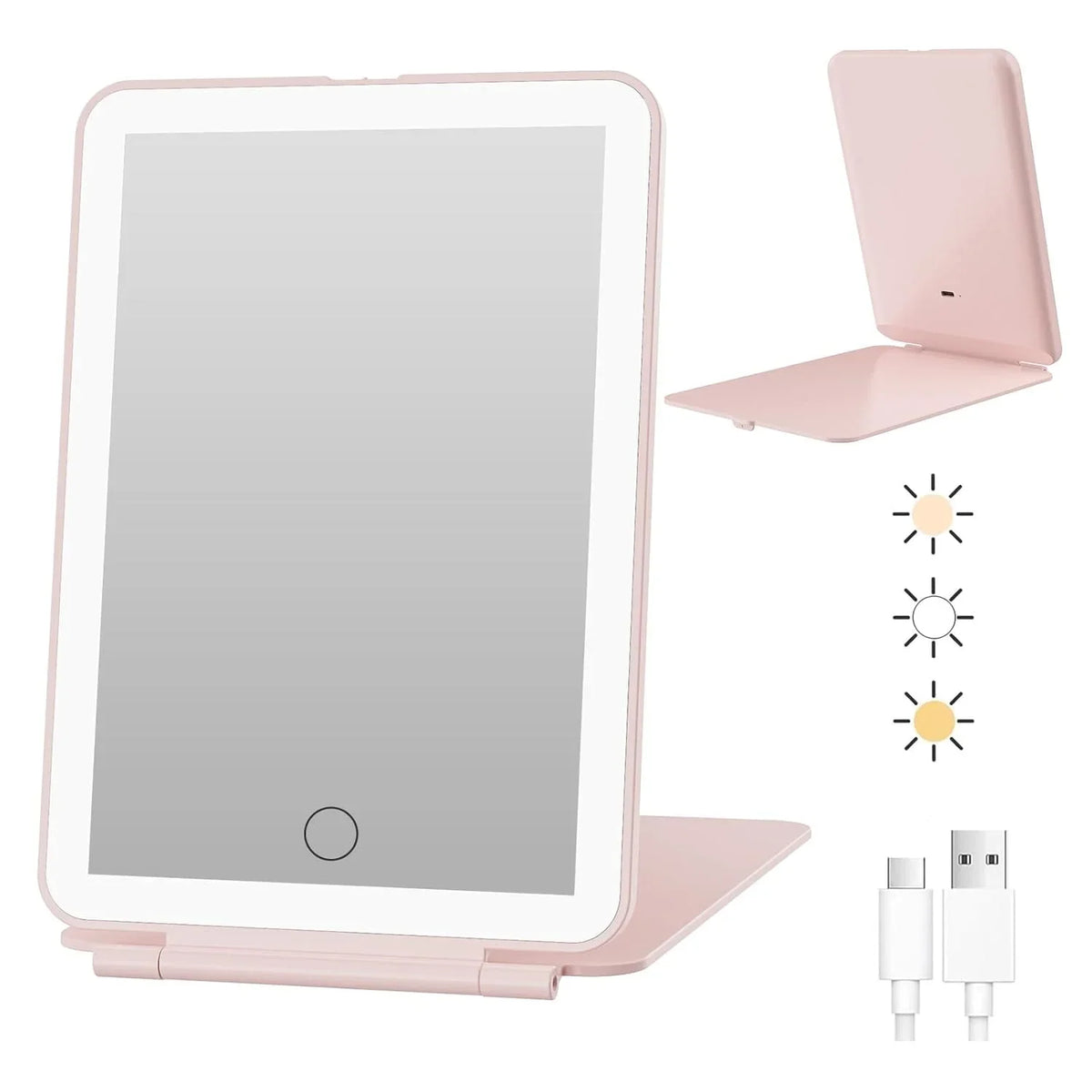 Blushimmer LED folding travel makeup mirror with 3 light modes, USB rechargeable, touch screen, portable tabletop cosmetic mirror.