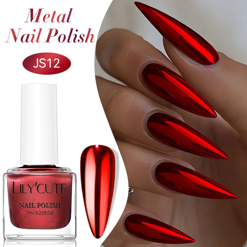 Blushimmer LILYCUTE 7ml mirror metallic nail polish bottle with red and purple reflective finish, perfect for UV-free nail art.