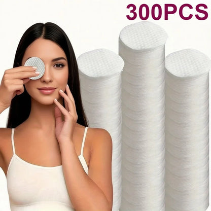 Set of 300/600 beige Blushimmer round facial cleansing pads, soft, lint-free makeup remover wipes for gentle skin cleansing.