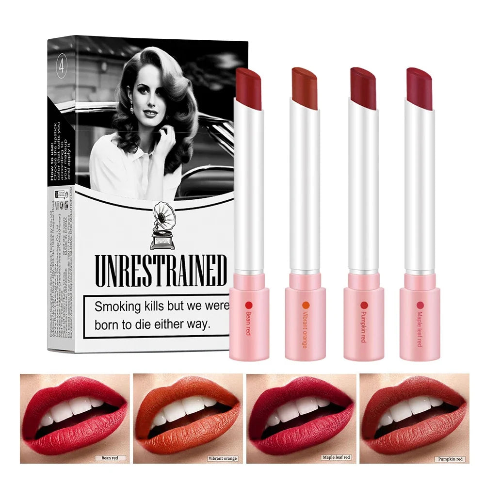 Blushimmer cigarette lip gloss set with four velvet matte, waterproof, long-lasting lipsticks in various colors for women.