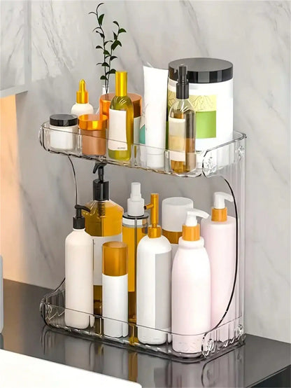 Blushimmer 2-tier transparent plastic cosmetic storage box with wheels, shelves, ideal for organizing makeup and beauty products