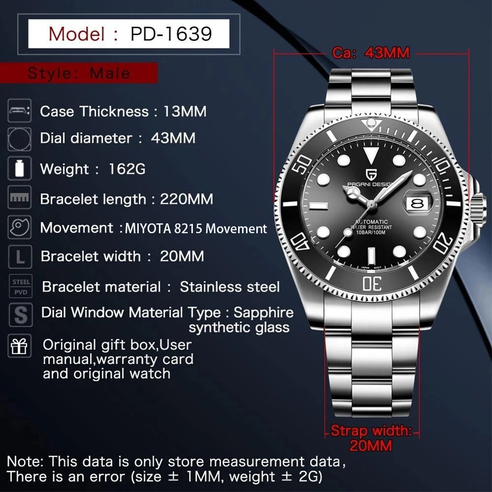 2026 PAGANI DESIGN men's mechanical wristwatch with a 43mm case, ceramic bezel, sapphire glass, automatic movement, diving style