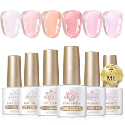 Six bottles of Blushimmer Born Pretty crystal amber gel nail polish set in jelly pink and nude shades for winter manicures.