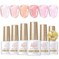 Six bottles of Blushimmer Born Pretty crystal amber gel nail polish set in jelly pink and nude shades for winter manicures.
