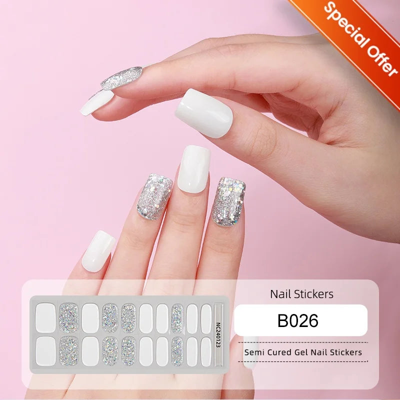 Blushimmer 20 Tips Gradient French semi-cured gel nail stickers with full cover nail gel polish wraps for manicure, UV lamp needed.