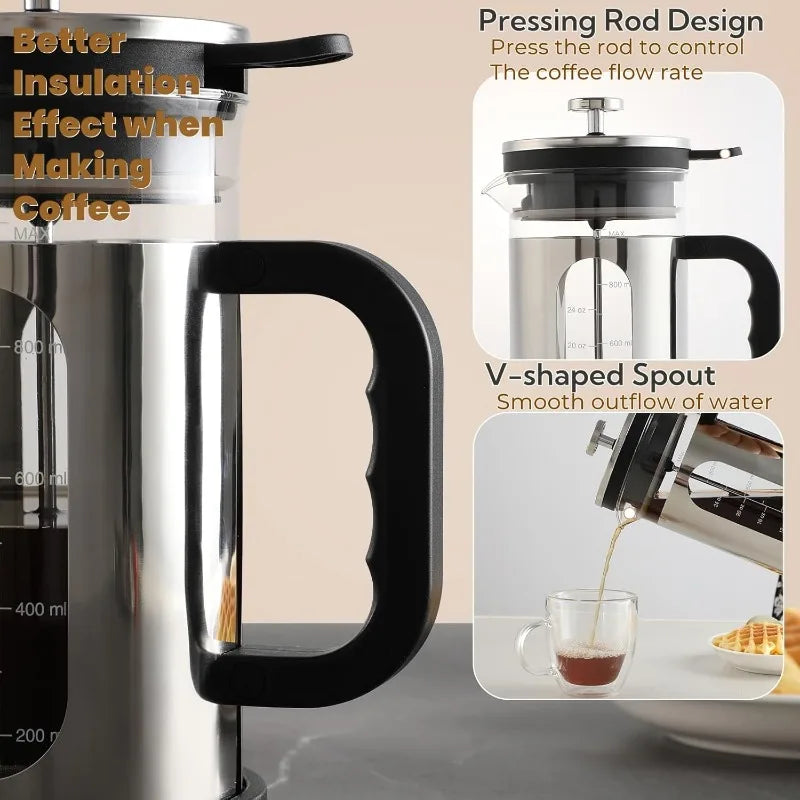 1000ml French Press Coffee Maker Durable Glass Coffee Pot with Reusable Filters Heat-resistant Household Coffee Bar Accessories