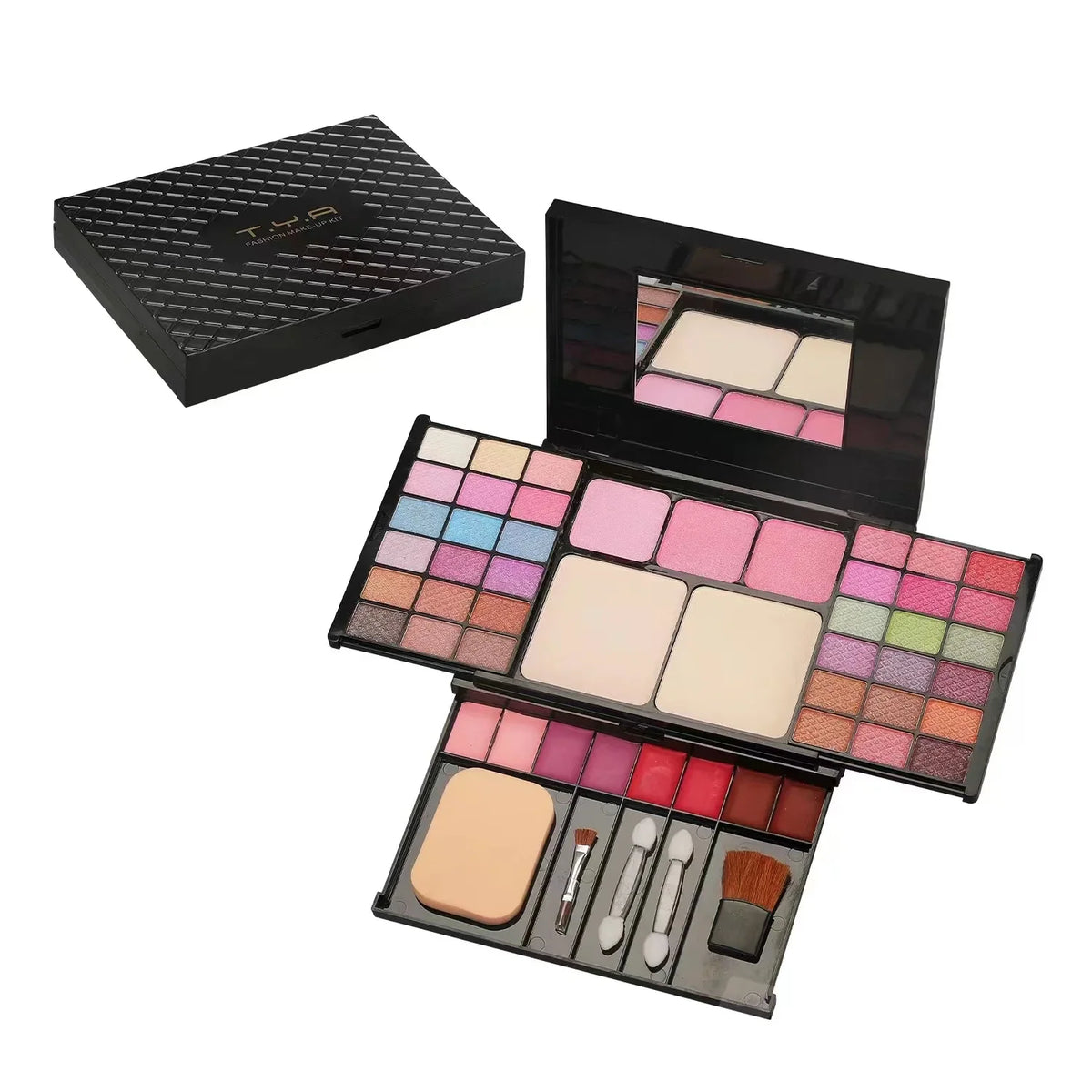 Blushimmer makeup gift set for women with eyebrow powder, lipstick, lip gloss, brushes, shimmer, glitter eyeshadow palette.