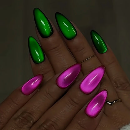 Set of 24 glossy red Cat's Eye press-on nails by Blushimmer, almond-shaped full cover false nails with detachable charms.
