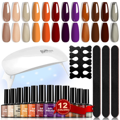 Blushimmer LIMEGIRL 12-piece gel nail polish set with mini LED lamp, featuring semi-permanent UV nail gel in various colors.