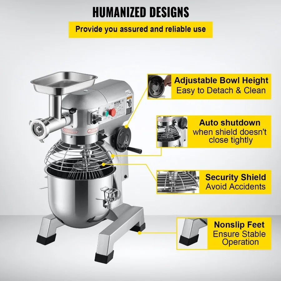 Commercial Stand Mixer 20Qt Stainless Steel Bowl 1100W 2 in 1 Multifunctional Electric Food Mixer with Meat Grinder 3 Speeds Do