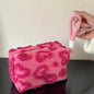 Blushimmer plush makeup bag with handle, soft travel cosmetic storage, love print design, portable clutch pouch for beauty essentials