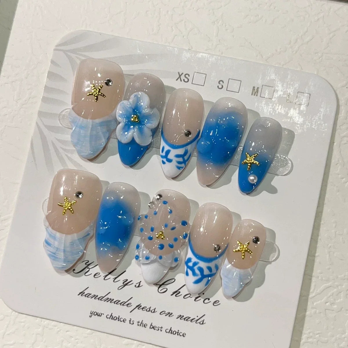 Set of 10 French almond press-on false nails by Blushimmer with floral design, wearable stick-on nail tips for women.