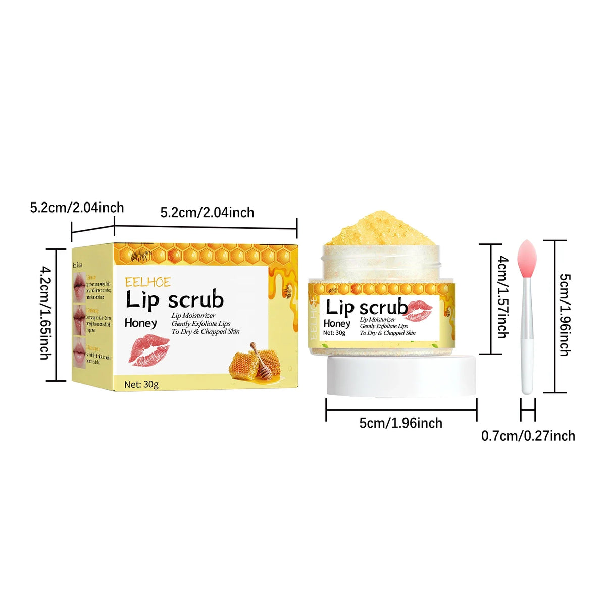 Blushimmer strawberry and orange lip scrub with honey for exfoliating, moisturizing, and brightening lips in a deep cleaning lipstick.