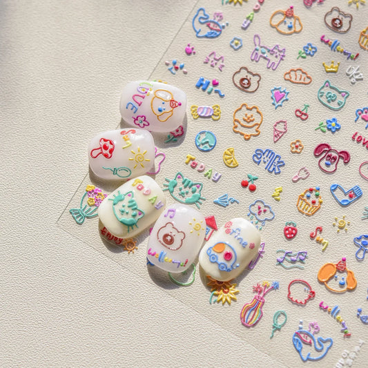 Colorful 5D nail art stickers featuring animal graffiti, flowers, fruits, and dim sum designs on a clear backing.