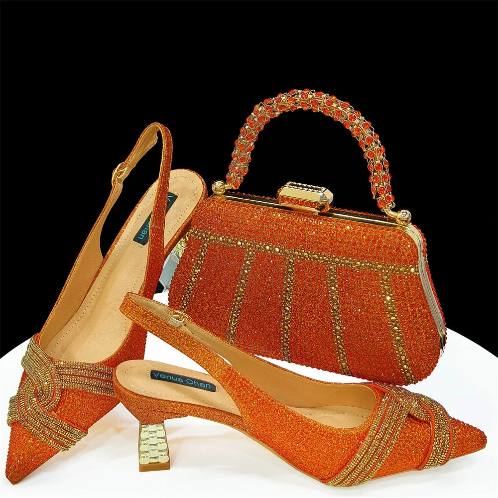 Elegant women's shoes and matching bag set with rhinestones by EdleessFashion, showcasing luxurious style and sparkling details.
