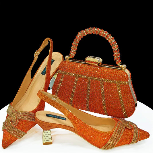 Elegant women's shoes and matching bag set with rhinestones by EdleessFashion, showcasing luxurious style and sparkling details.