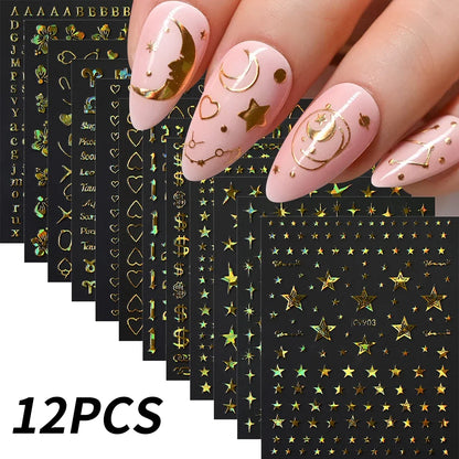 12pcs Blushimmer bronzing laser star nail stickers with 3D alphabet, heart, and flower designs for DIY gradient manicure.