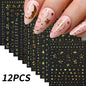 12pcs Blushimmer bronzing laser star nail stickers with 3D alphabet, heart, and flower designs for DIY gradient manicure.