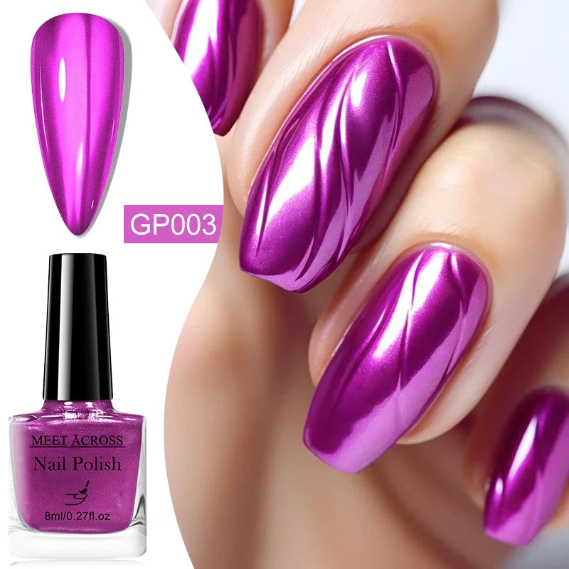 Blushimmer 8ml mirror metallic nail polish bottle with sleek silver cap, showcasing shiny, long-lasting, air-dry manicure varnish.