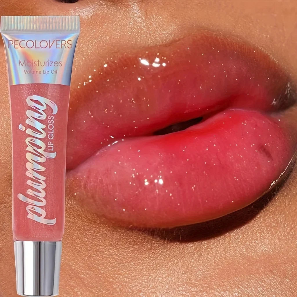 Blushimmer glitter lip gloss in a soft tube, moisturizing fruit lip oil with a transparent, glossy finish for fuller, shiny lips.