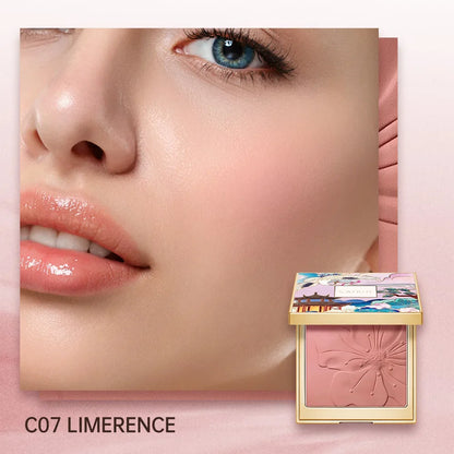 Blushimmer Catkin Eternal Love Rosy Cranes blush compact with floral design, soft natural pink shade in a sleek makeup case.