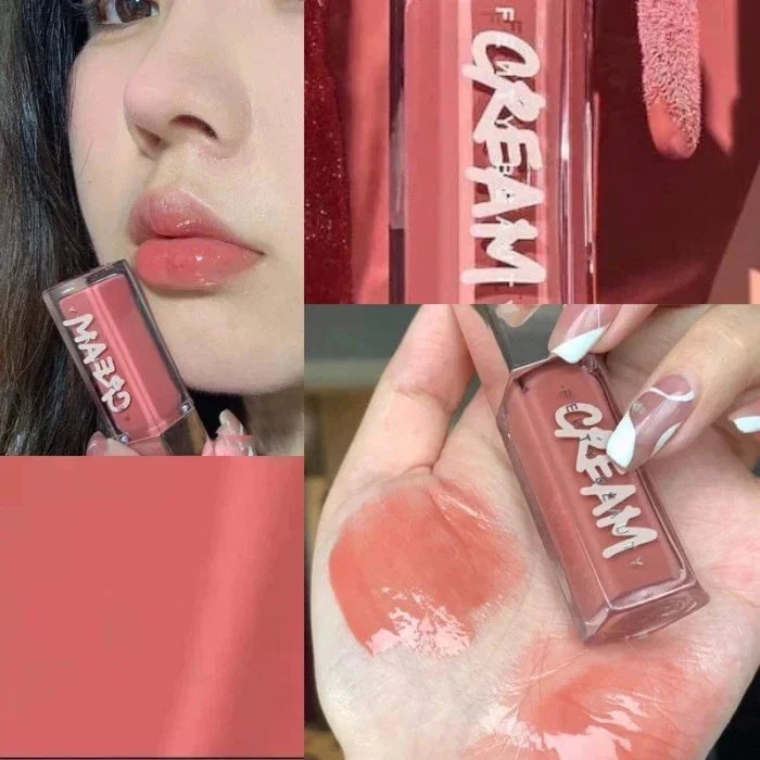 Blushimmer Fenty Beauty mauve nude lip gloss with waterproof liquid formula, pink tint, and glossy finish on lips.