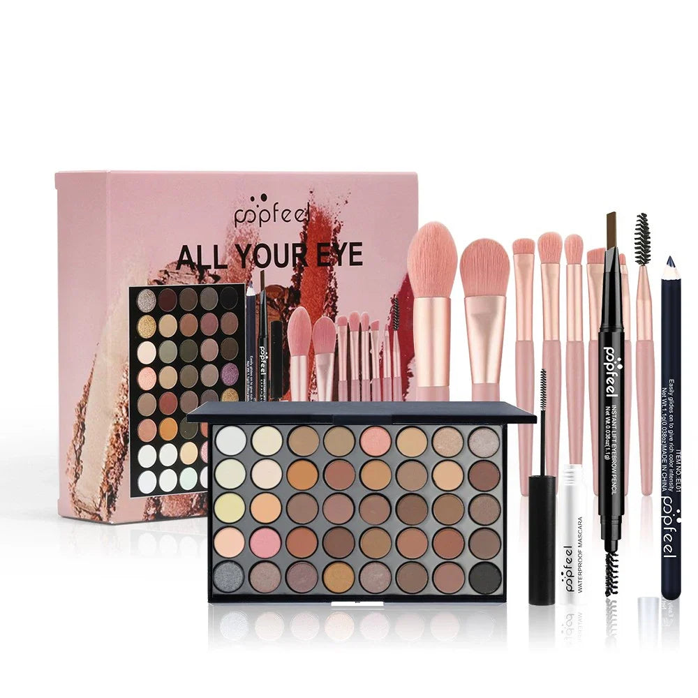 Blushimmer POPFEEL eye makeup set with 40-color eyeshadow palette, eyebrow pencil, eyeliner pen, mascara, and makeup brushes.