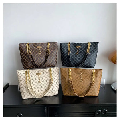 Women luxury tote bag with large capacity, printed design, shoulder strap, trendy handbag for shopping and everyday use.