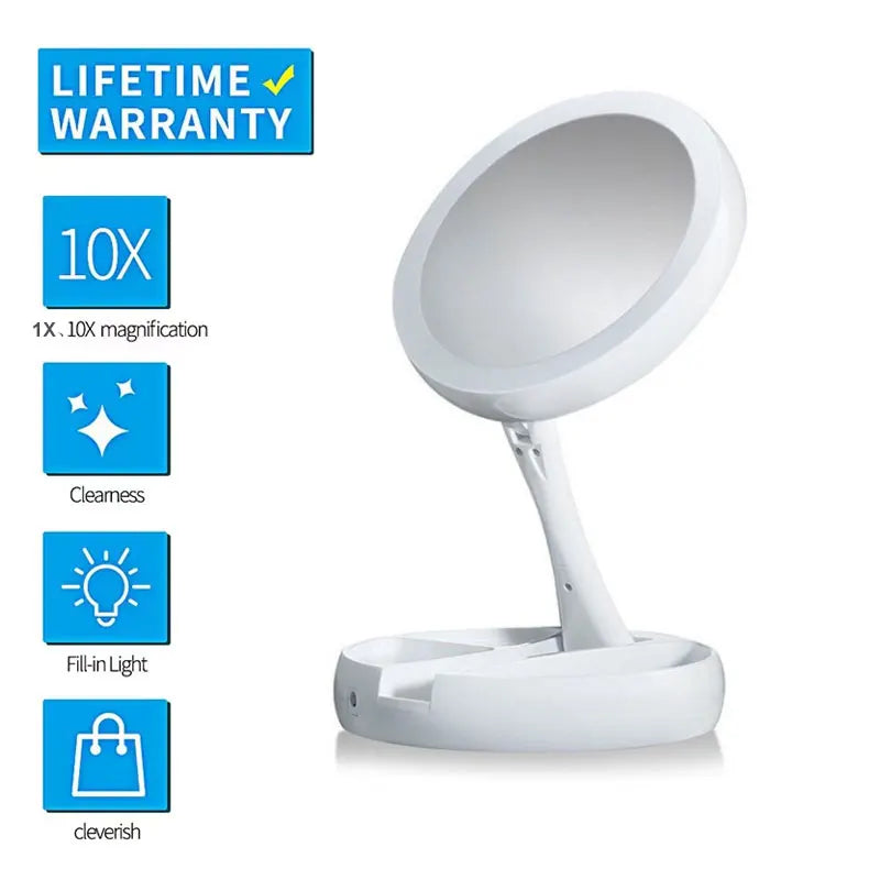 Blushimmer 10x magnifying vanity mirror with LED light, flexible foldable desk makeup mirror with lighting for dressing and makeup application