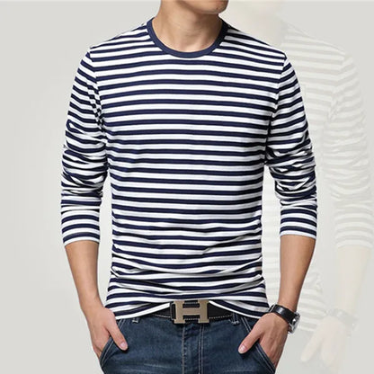 Men's striped long-sleeve T-shirt from LIBRECLANS featuring casual, fashionable design and large size, suitable for Harajuku style.