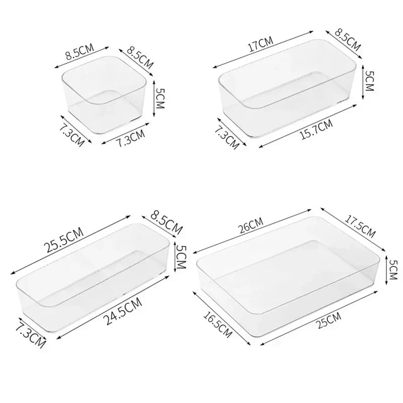 Transparent Blushimmer plastic storage box organizer for desk, jewelry, and makeup with drawer compartments and clear visibility.