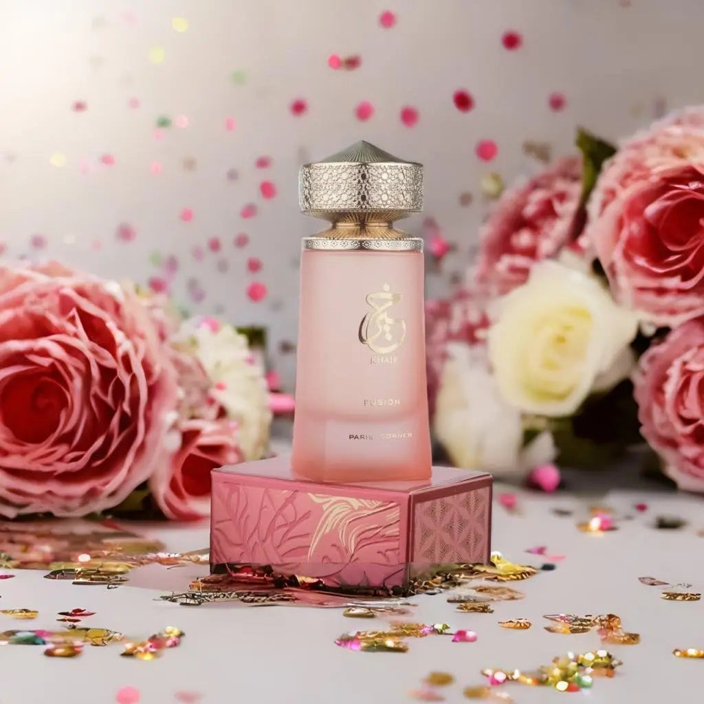 Blushimmer Paris Corner Khair Fusion Lychee perfume bottle with fruity floral scent, featuring lychee, blackcurrant, and red apple notes.