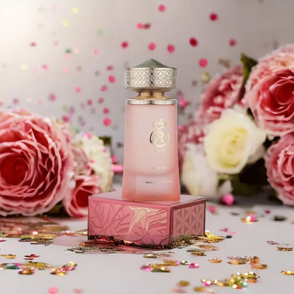 Blushimmer Paris Corner Khair Fusion Lychee perfume bottle with fruity floral scent, featuring lychee, blackcurrant, and red apple notes.