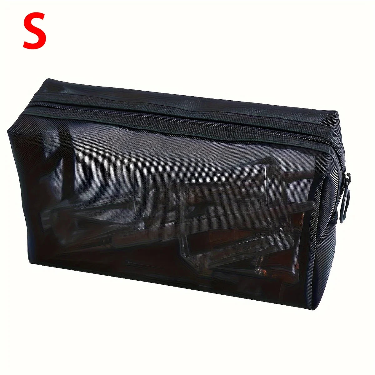 Black mesh cosmetic bag by Blushimmer, portable zipper makeup organizer with multiple compartments for toiletries and travel essentials.