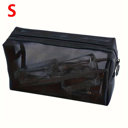 Black mesh cosmetic bag by Blushimmer, portable zipper makeup organizer with multiple compartments for toiletries and travel essentials.