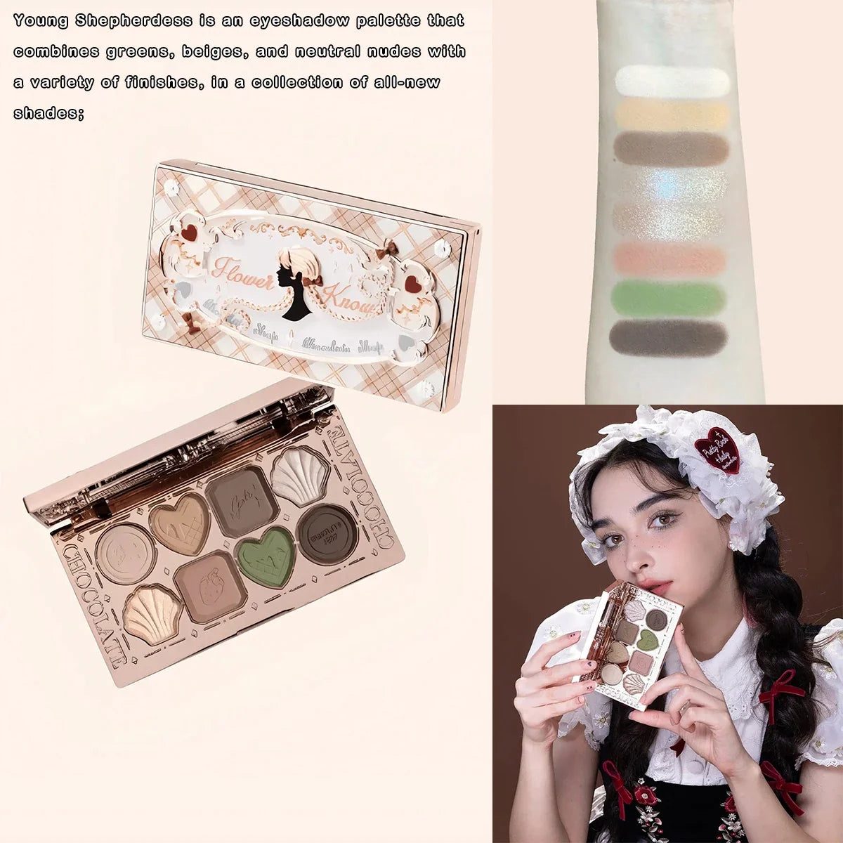 Blushimmer Flower Knows Chocolate Wonder-Shop 8-color eyeshadow palette with warm neutral shades and shimmer finishes.