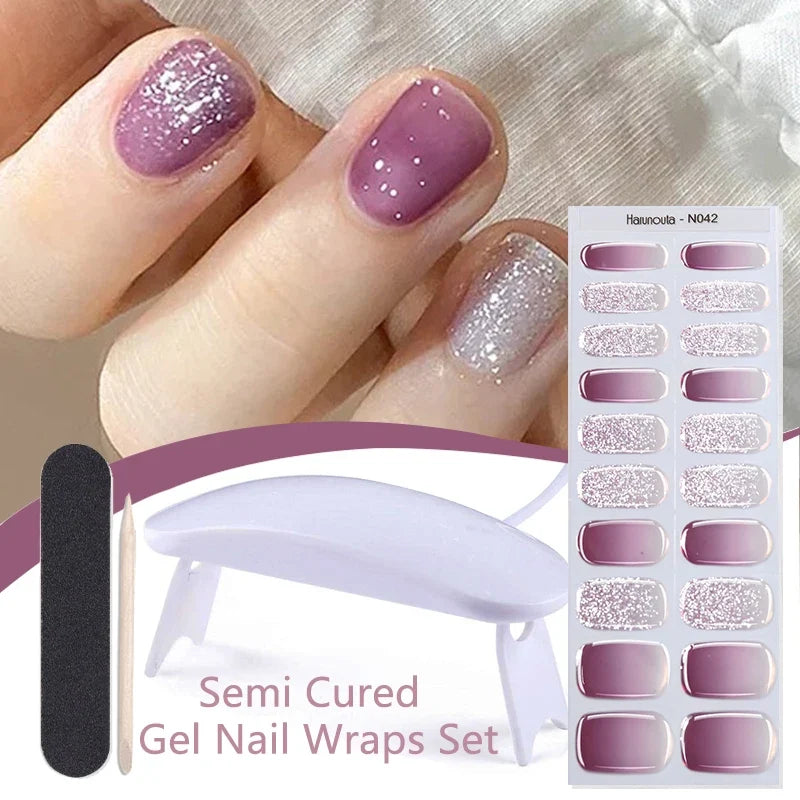 Blushimmer Harunouta 4-piece set of nude pink gradient gel nail strips with nail lamp, waterproof semi-cured gel nail wraps.