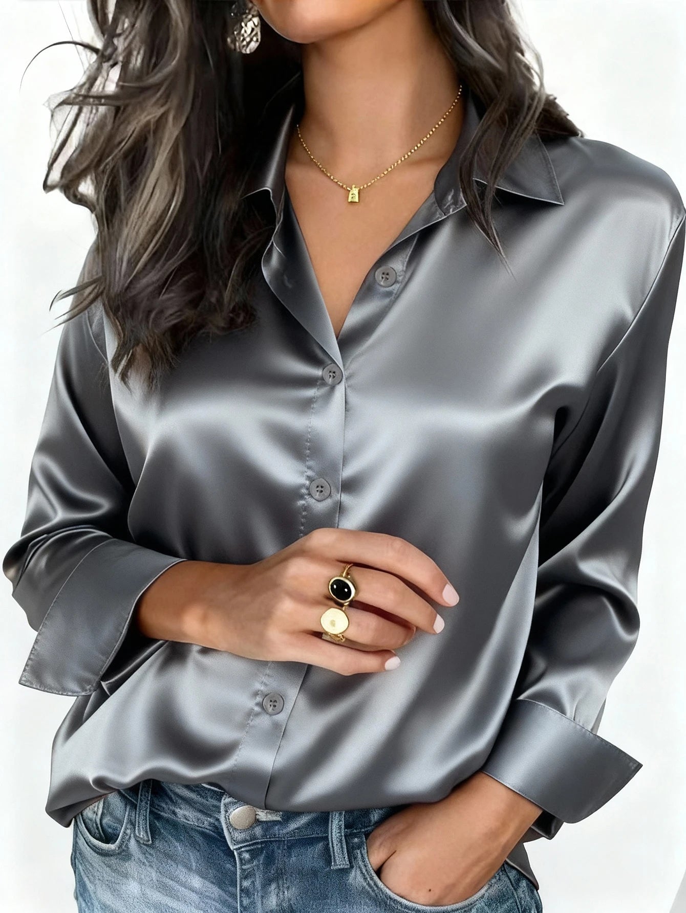 Women's Satin Button-Up Blouse, Elegant Collared Shirt for Office or Casual Wear, Autumn Winter Spring
