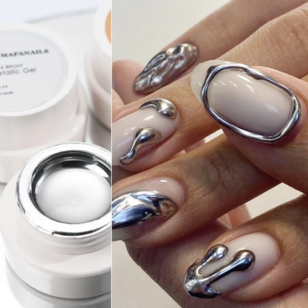 Blushimmer metallic gel nail polish in gold mirror effect, featuring French design with line flower drawing, UV soak-off gel.