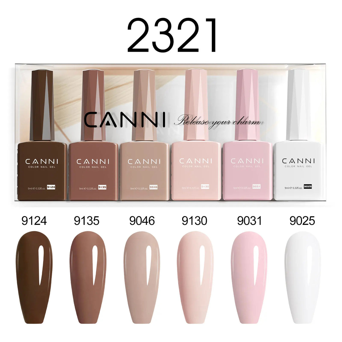 Blushimmer 6-pack 9ml CANNI HEMA-free gel nail polish set with vibrant colors for semi-permanent UV and LED gel nails.